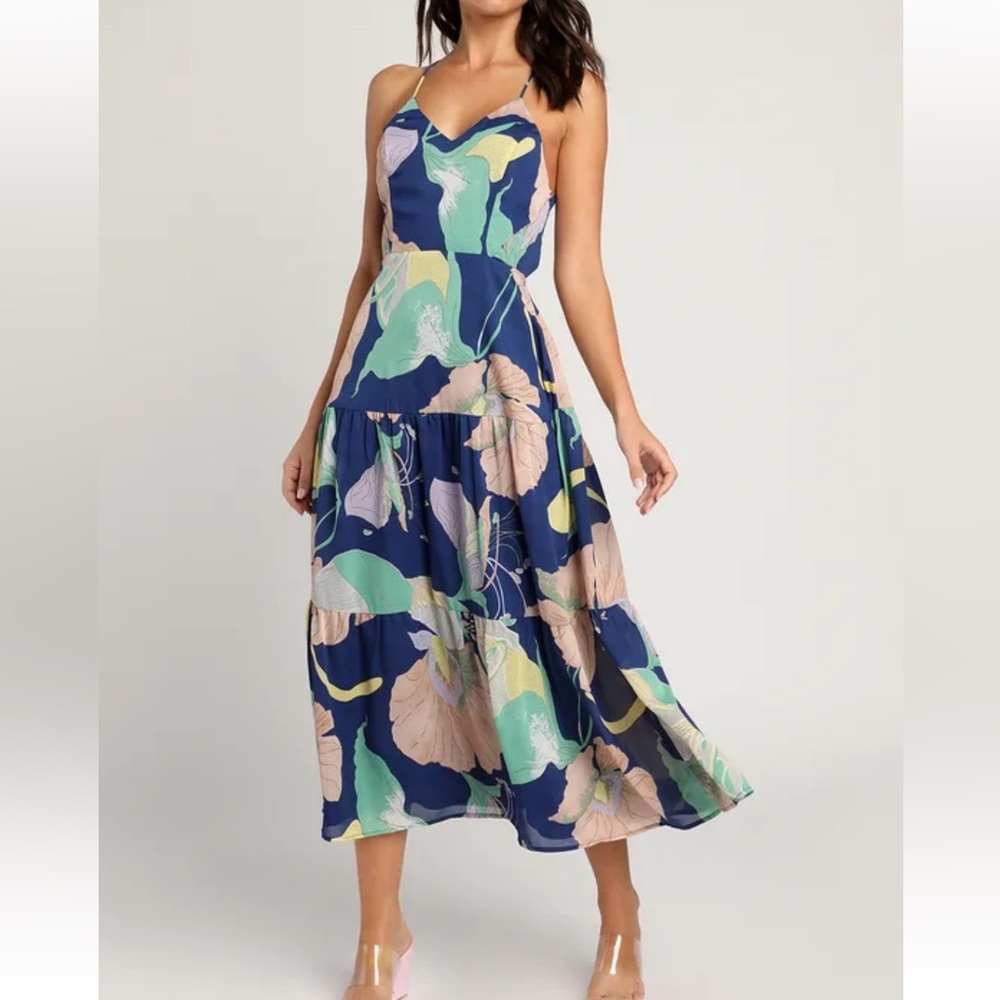 Lulus Hours of Flowers Blue Multi Floral Lace-Up Tiered Midi Dress M